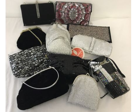 A box of assorted vintage ladies evening bags. To include sequined, velvet and diamante set. 