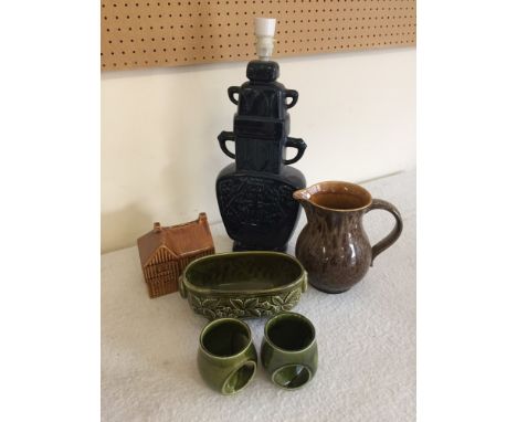 A small collection of Holkham Pottery to include lamp base (small chip to base), money box &amp; jug.  