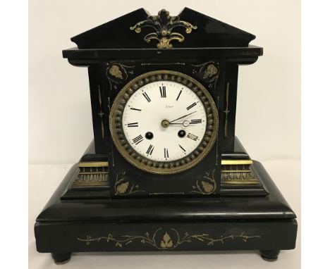 Victorian black slate mantle clock with enamelled dial. No front glass. 