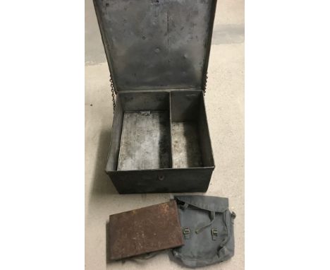 A vintage square shaped tin trunk with internal lidded compartment, possibly military. Together with a small metal case with 