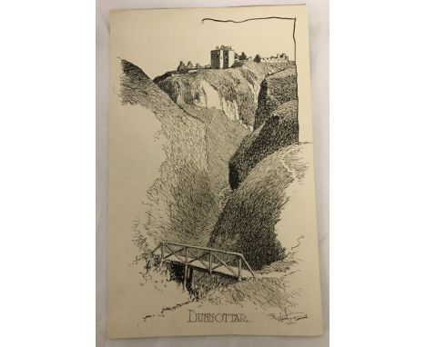 Cycling Artist Frank Patterson, 1930's original pen and ink sketch. Entitled "Dunnottar". Signed to lower right. Approx. 26.2