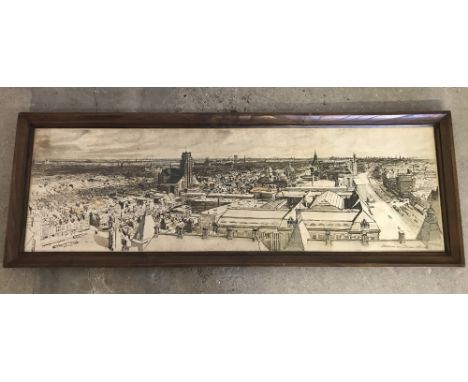 A vintage coloured print of a panorama of Rotterdam. Dated April 1940, framed and glazed. Approx. 36cm x 118cm.