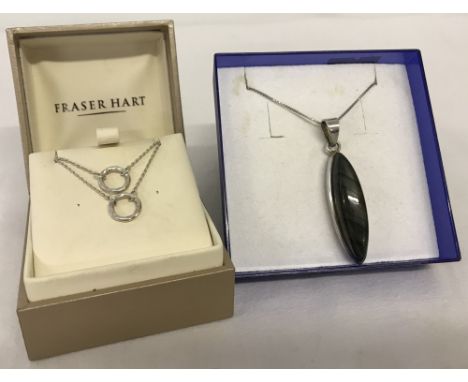 2 x silver necklaces. 1. Long oval pendant set with labradorite, measures approx. 5.5cm to the top of the bale, on a 22inch s