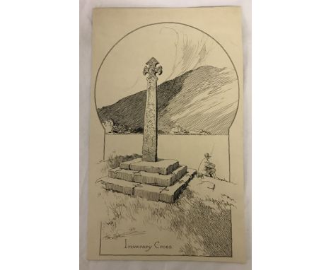 Cycling Artist Frank Patterson, 1930's original pen and ink sketch. Depicting Inverary Cross. Signed and dated 1933 to lower 