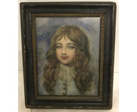 A small watercolour portrait of James, Duke of Monmouth as a child. After Samuel Cooper. Framed &amp; glazed. Unsigned. 12 x 