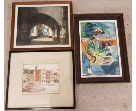 3 framed pictures; Lyons Wilson signed watercolour of a market cross, textured oil painting of a woman and a 1930's Alfred Be