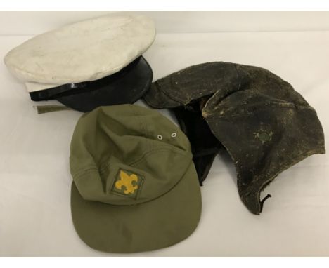 Vintage motorists leather cap, Boy Scouts of America cap, and a yachtsman's cap.  