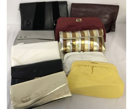 A box of assorted vintage ladies clutch bags to include Van Dal, Saxone and Italian made.  