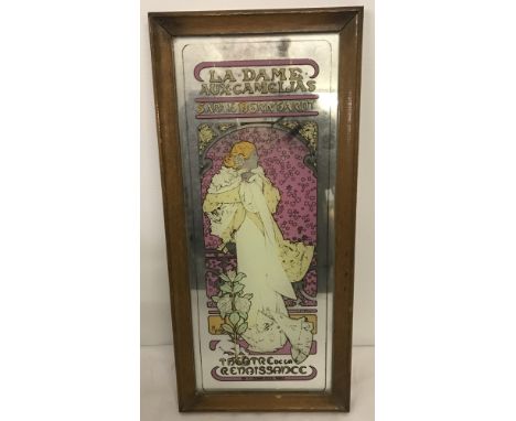 A vintage Aspall, Saggers &amp; Co mirror. Decorated with Dame aux Camelias screen print Height 44cm width 20cm