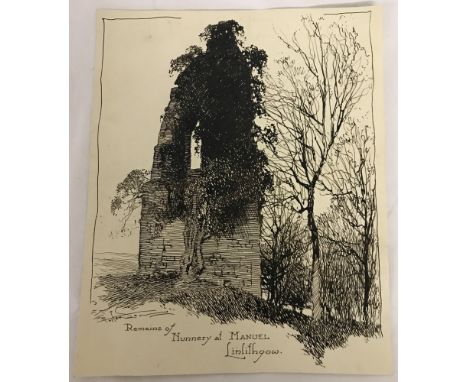 Cycling Artist Frank Patterson, 1930's signed original pen and ink sketch. Remains of Nunnery at Manuel Linlithgow. Approx.  