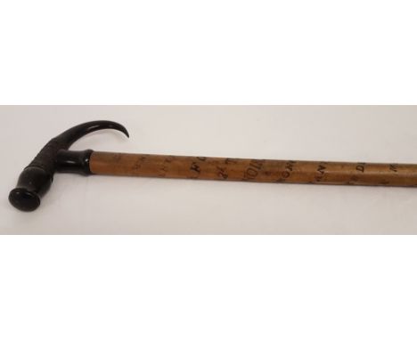 A vintage horn handle Swiss mountaineers walking stick with engraved place names to stick.  Approx. 89cm long.