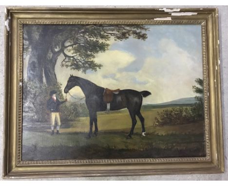 19th century oil on canvas of a horse and groom. Unsigned. Framed. Hand writing to reverse of frame "This is mine, Mr S. Case