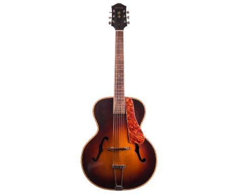 1930s Weymann archtop guitar, made in USA; Finish: sunburst, patch of touched-up finish to the table, various other blemishes