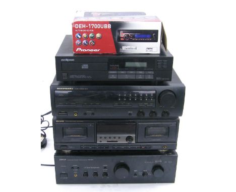 Denon PMA-753R audio amplifier, an Aiwa AD-Wx737 stereo cassette deck, a Marantz SR-45 stereo receiver, an Eclipse CD101 comp