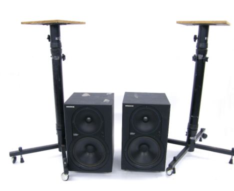 Pair of Mackie HR824 active studio reference speaker monitors; together with a pair of Unicol platform speaker stands