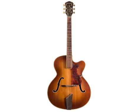 1960 Hofner President archtop acoustic guitar, made in Germany, ser. no. 6xx6; Finish: brunette, typical wear for age; Fretbo