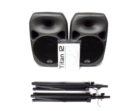 Pair of Wharfedale Pro Titan 12 PA speakers with manual and speaker stands