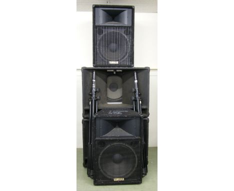 Pair of Yamaha S115 IV PA speakers with K&amp;M speaker stands; together with a pair of bass bin PA speaker cabinets