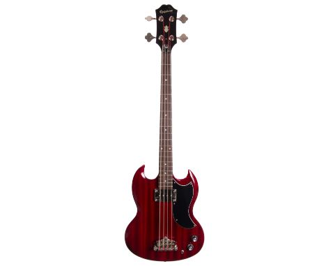 Epiphone EB0 bass guitar; Finish: cherry; Fretboard: rosewood; Frets: good; Electrics: working; Hardware: good; Case: Black R