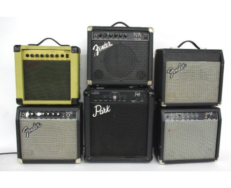 Three Fender Frontman practice guitar amplifiers; together with a Park Bass GB15 guitar amplifier, an incomplete Fender speak