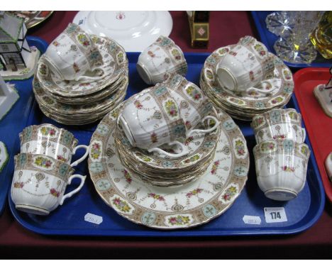 XIX Century Tea Service, with gilt highlights, swag decoration, thirty four pieces:- One Tray 