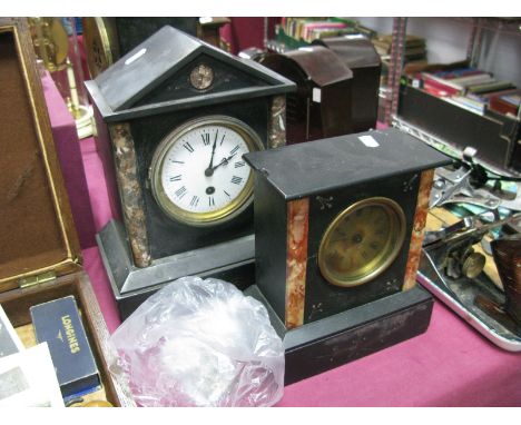 A Late XIX Century Slate Mantel Clock, with white enamel dial and Roman numerals, another smaller (damaged). 