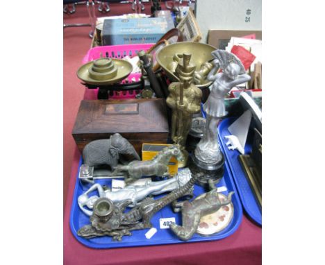 A Cast Iron Scales, with brass disc and bell weights, an early XIX Century sarcophagus rosewood tea caddy, brass military fig