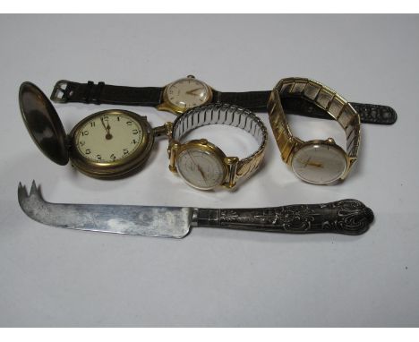 Smiths Astral, Timex, Accurist Gent's Wristwatches, pocketwatch and a hallmarked silver handled cheese knife. 