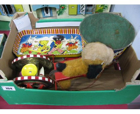 A Chiltern Pull Along Toy, Walt Disney tin pale and tin plate Happynak pull along cart, all playworn. 