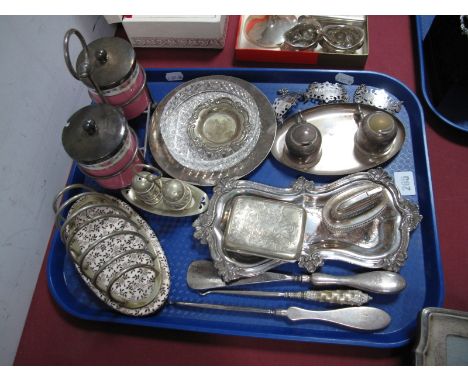 Hallmarked Silver Handled Button Hook and Shoe Horn, preserve jars on stand, inkstand, decanter labels, toast rack, lighter, 