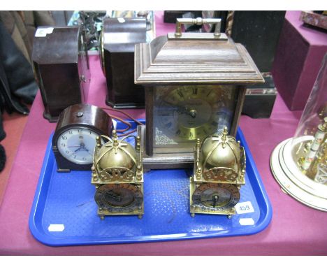 Smiths Brass XVII Century Style Lantern Clocks, "Genalex" bakelite clock, oak cased quartz mantel clock, etc:- One Tray 