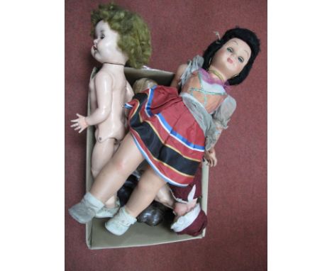 Seven Vintage Dolls, including English plastic, black headed and leather bodied, pot headed, etc:- One Box 