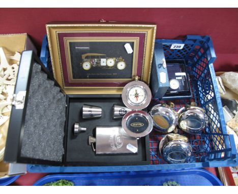 "The Dalvey Voyager Clock", Coopers of Rotherham desk clock, Jack Daniels hip flask set, etc. 