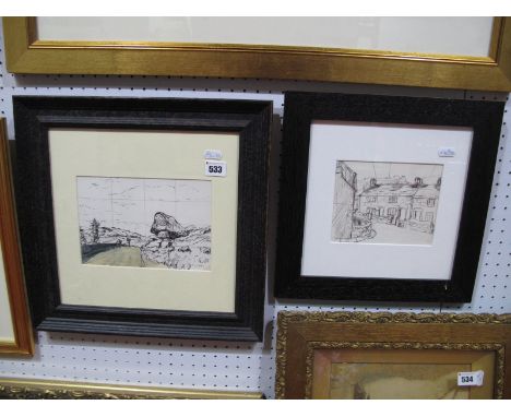 George Cunningham (Sheffield Artist), Kray Cottage, Froggatt, pen and ink sketch 13 x 16cms, another Toad's Mouth, Hathersage