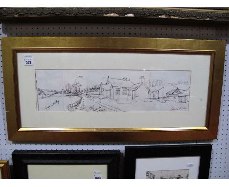George Cunningham (Sheffield Artist) Chapel in The Valley, three sectional pen and ink sketch 14.5 x 54cms, unsigned. 