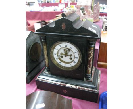 XIX Century Black Slate Mantel clock, with a white enamel dial, Roman numerals plinth. 