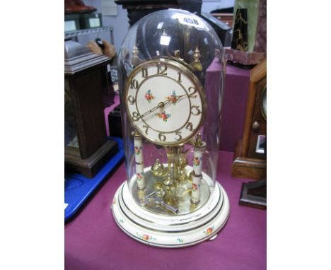 Kinder, German Anniversary Mantel Clock, with finials, cream dial, with floral decoration, pillar supports, stepped circular 