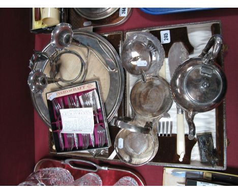 Plated Cutlery, two flute epergne, teapot, napkin rings, boxed cake forks, bread board, preserve pot, etc.