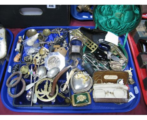 Brass and Plated Wares, trinket boxes, spectacles, coins, metal farm animals, Minim measure, etc:- One Tray