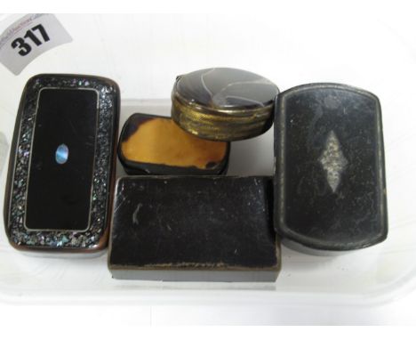 A Mid XIX Century Snuff Box, of rectangular form inset, with mother of pearl, 7.5cms long, three other similar and another in
