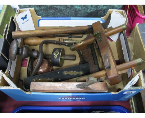 Fields of Nottingham Brass and Beech Woodworkers plane, marking gauge, ruler, new century axe, other tools:- One Box 
