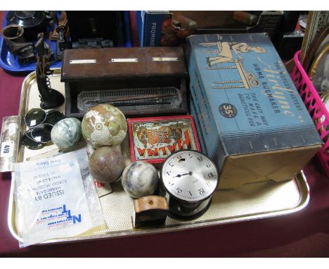 Early XX Century Oak Three Sectional Inkwell, pens, Zulu bottle opener, desk stand having clocks, terrestrial globe, rugmaker