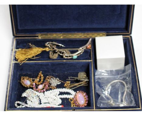 9ct Gold Horses Hoof Stick Pin, Pandora charm bracelet, silver bracelet, other costume jewellery in Blue Morocco case with ke