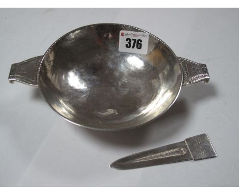 A Handmade Hallmarked Silver Quaich, S.W., Sheffield 1941, chased decoration, inscribed "from R. Percival, Smith.", on circul