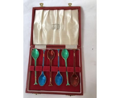  Sale Item:    CASED 6 DANISH SILVER &amp; ENAMEL COFFEE SPOONS  S J M 925  Vat Status:   No Vat   Buyers Premium:  This lot 