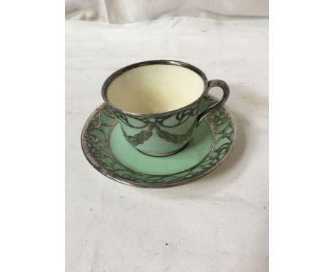  Sale Item:    YE OLD ENGLISH CUP &amp; SAUCER WITH SILVER OVERLAY- STAINED  Vat Status:   No Vat   Buyers Premium:  This lot