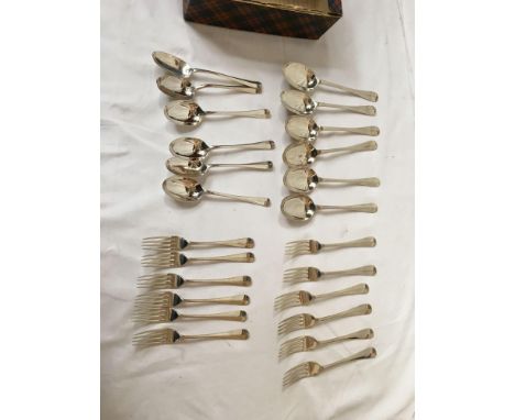  Sale Item:    BOX 12 SILVER SPOONS &amp; 12 FORKS (1 SPOON AF)  Vat Status:   No Vat   Buyers Premium:  This lot is subject 
