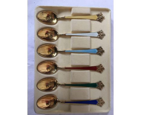  Sale Item:    6 SILVER GILT ENAMELLED TEA SPOONS  Vat Status:   No Vat   Buyers Premium:  This lot is subject to a Buyers Pr