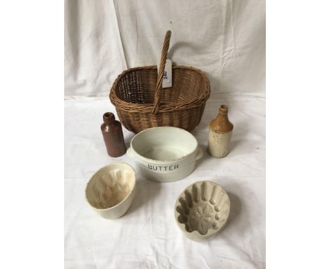  Sale Item:    BASKET JELLY MOULDS BOTTLES &amp; BUTTER DISH (AF)  Vat Status:   No Vat   Buyers Premium:  This lot is subjec