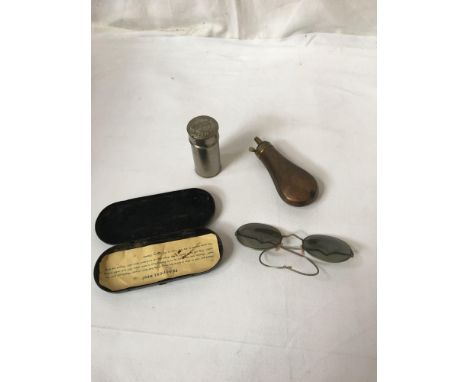  Sale Item:    MCCLINTONS STICK POWDER FLASK &amp; PAIR SPECTACLES  Vat Status:   No Vat   Buyers Premium:  This lot is subje